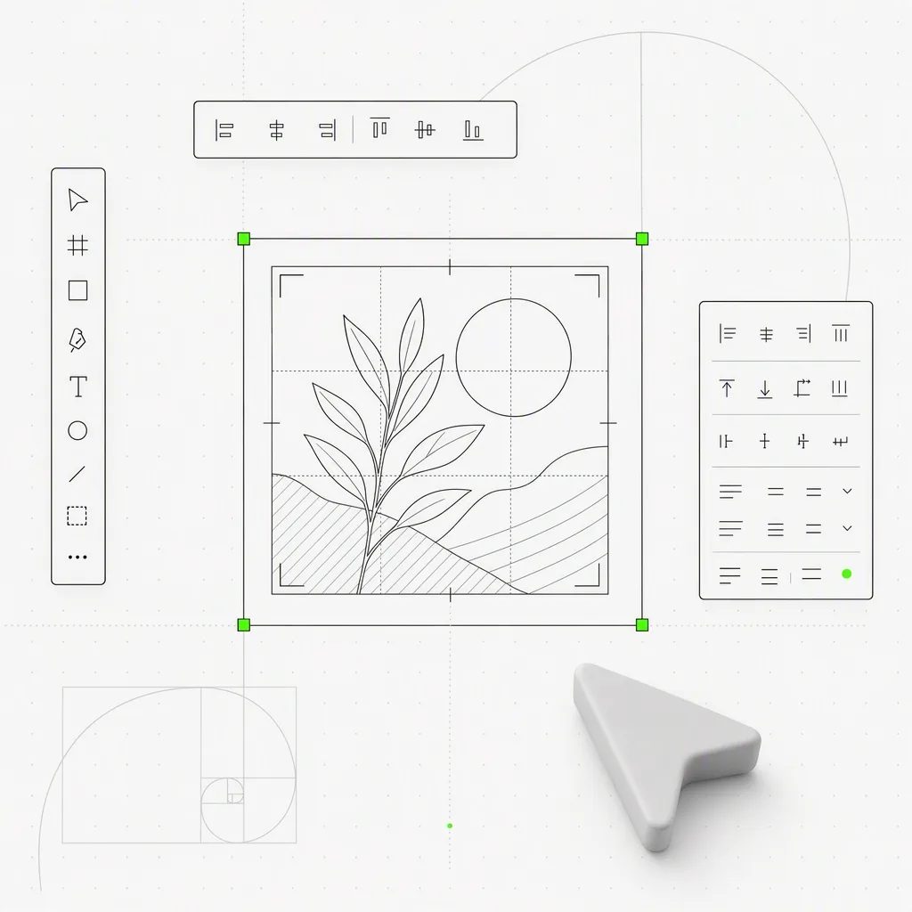 Un canvas di design con un elemento selezionato circondato da maniglie di ridimensionamento, guide di allineamento, controlli di testo e strumenti per ritagliare le immagini, composto come una precisa illustrazione lineare su uno sfondo editoriale quasi bianco