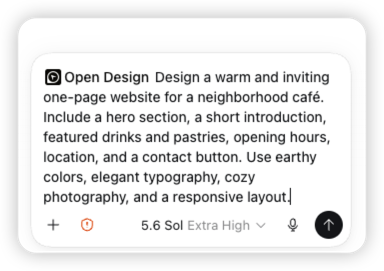 Um prompt real no Codex pedindo ao OpenDesign para criar o site acolhedor de um café de bairro
