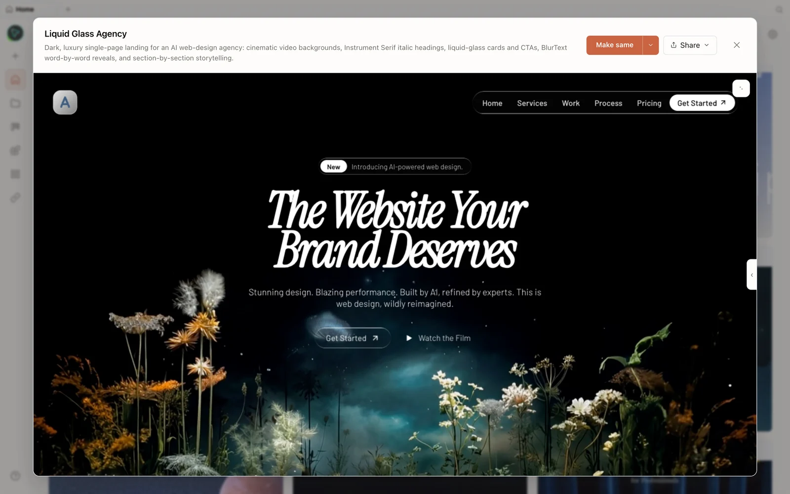Uma landing page gerada, pré-visualizada no OpenDesign.
